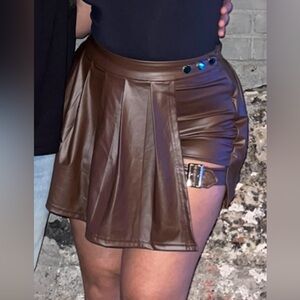 Brown Leather Skirt Wrap Over Shorts With Built In Leg Belt